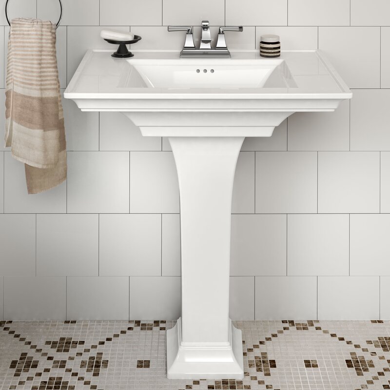 Town White Ceramic Rectangular Pedestal Bathroom Sink With Overflow 